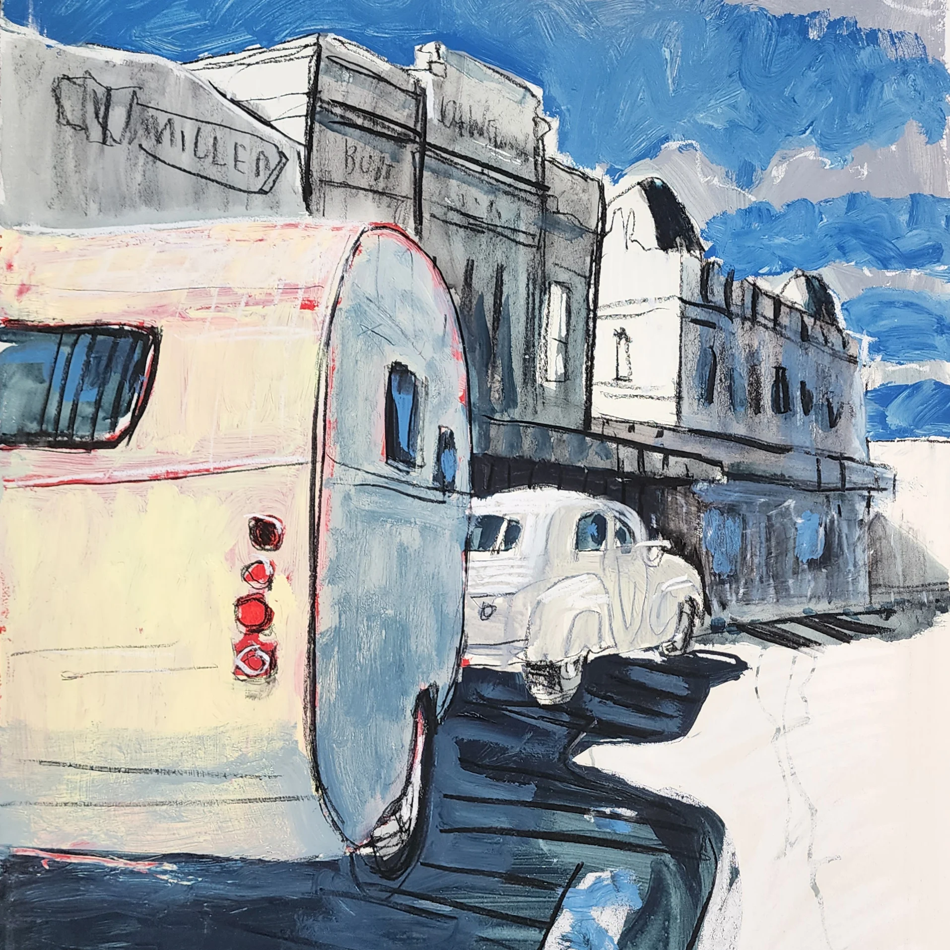 A painterly city street scene features the rounded rear of a cream-colored vintage bus, a small white car, and blue-gray buildings beneath a vivid blue sky.