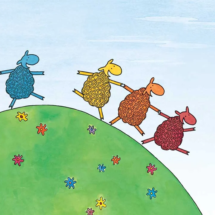Five colorful, woolly cartoon sheep balance in a line along a bright green hill dotted with flowers, beneath a pale blue sky; the playful scene feels cheerful and whimsical.
