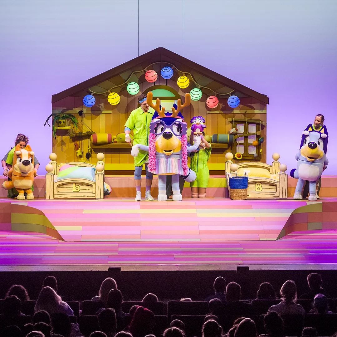 Colorful children's stage show with animal-costumed performers, lanterns, and a cottage set; a seated audience watches the cheerful musical.