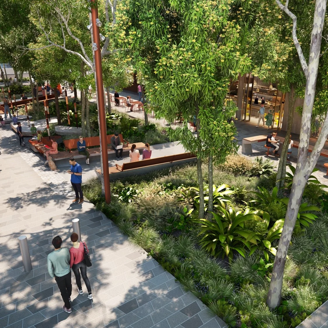 A bustling urban plaza features people walking and sitting amidst greenery and trees. The scene is lively with a modern, relaxed atmosphere.