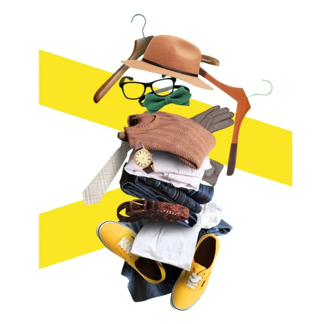 Stacked clothes form a human shape against a white background, with yellow diagonal lines. Items include a hat, glasses, tie, watch, and yellow shoes.