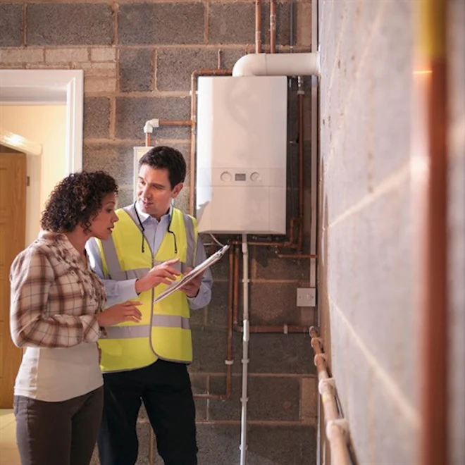 A man wearing a high-visibility vest explains something on a clipboard to a woman standing next to a gas boiler on a brick wall.