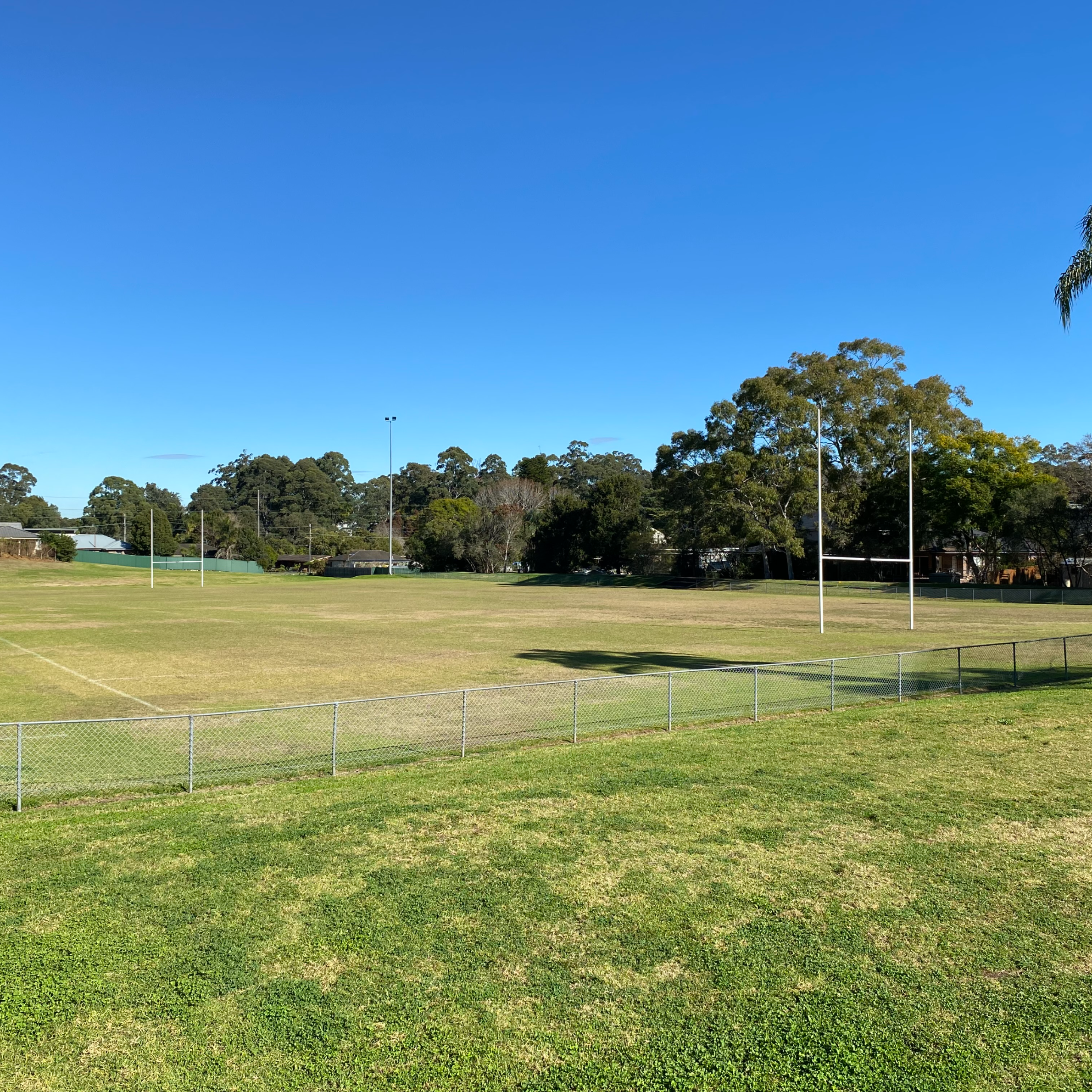 A sunny day view of an empty rugby field, surrounded by a low fence and lush trees. The sky is clear blue, creating a calm and peaceful atmosphere.