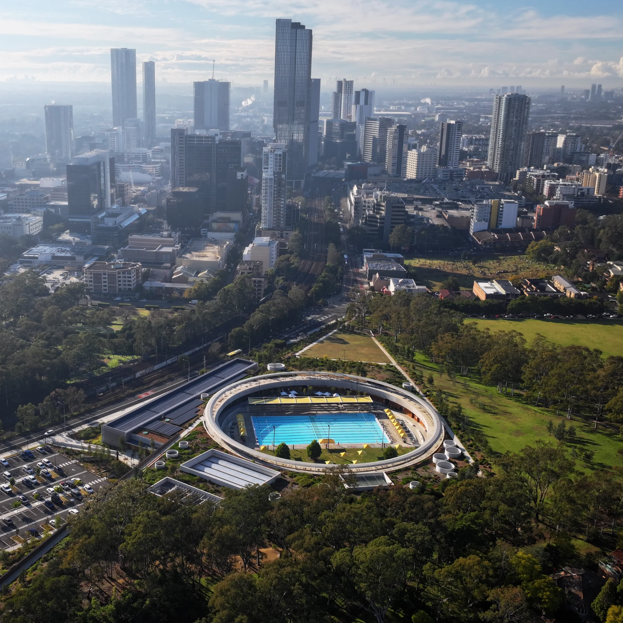 Aerial shot of Parramatta Aquatic Centre and Parramatta CBD