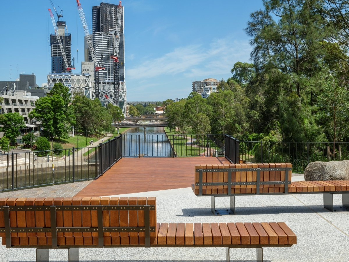 Wooden benches on Dixon Park Escarpment Lookout overlooking Parramatta River