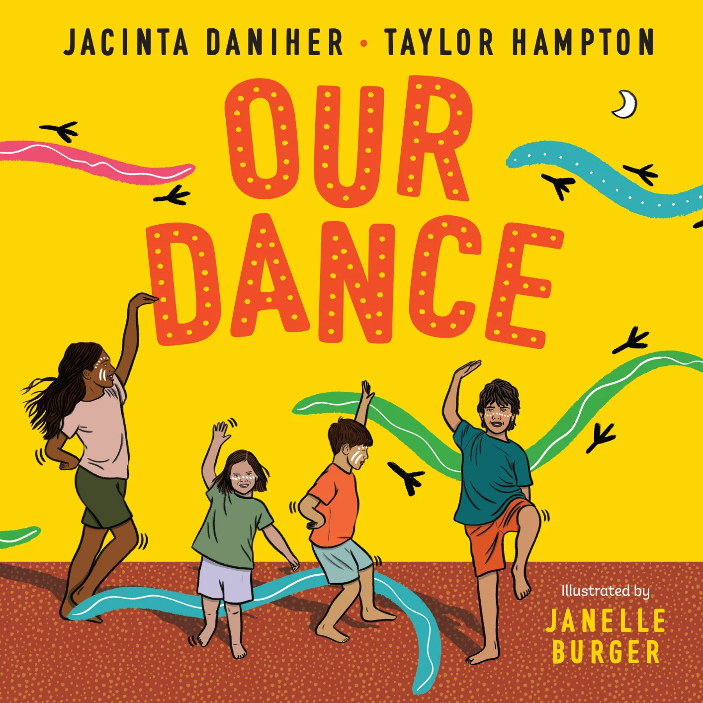 Cover of "Our Dance" with four children joyfully dancing. The text is bold in red on a yellow background. Vibrant waves and birds enhance the lively mood.