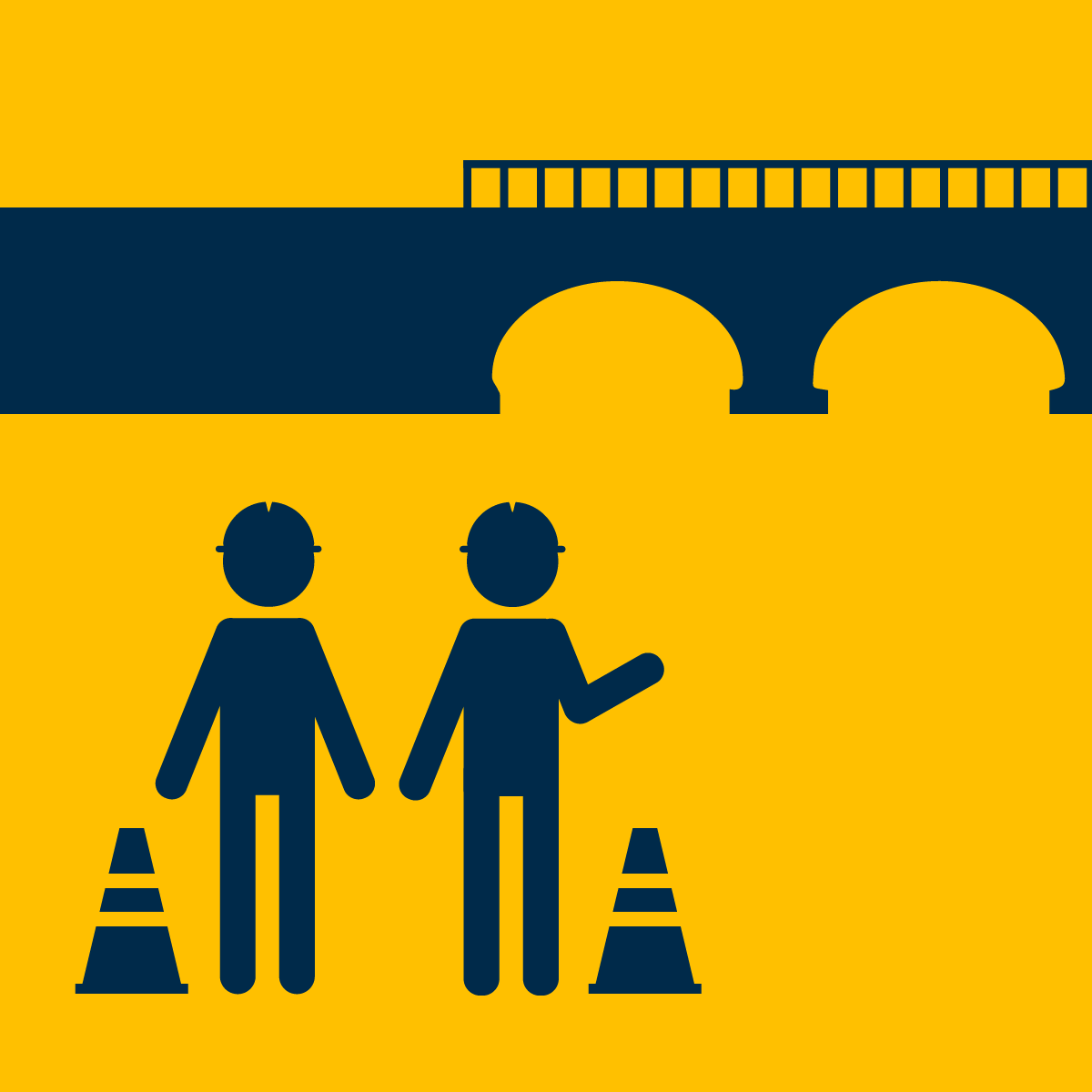 Construction workers in white hard hats and orange and yellow high-vis shirts work on Hunts Creek Bridge