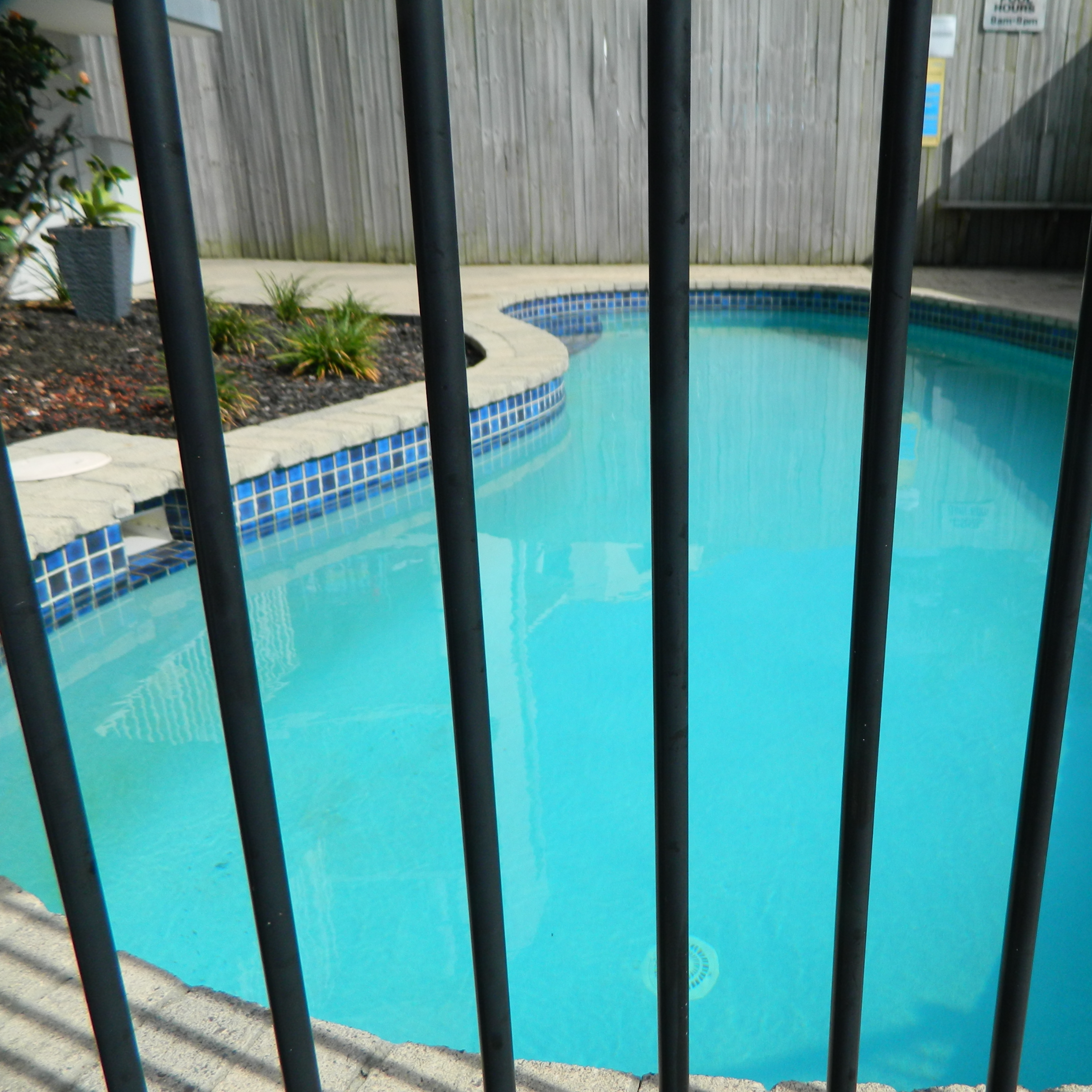 A small, blue swimming pool surrounded by a wooden deck is viewed through black metal bars, conveying a sense of restriction and calm.