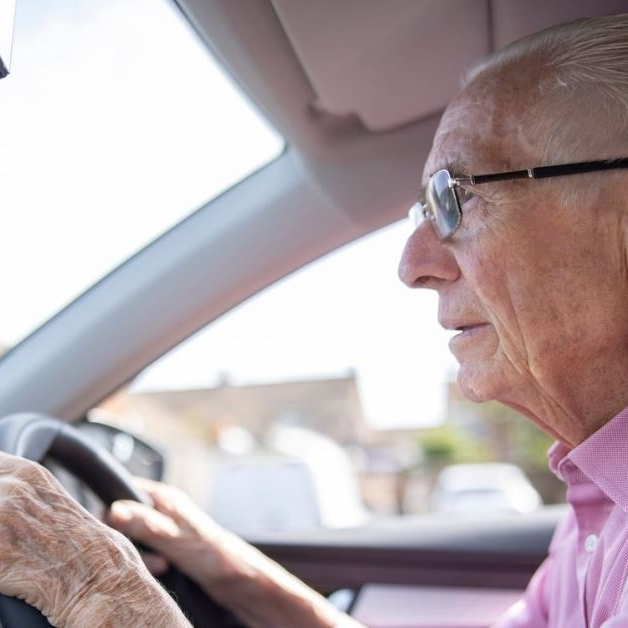 Elderly man in a pink shirt driving a car, focused and alert. Daylight streams through the window, highlighting his glasses and serene expression.