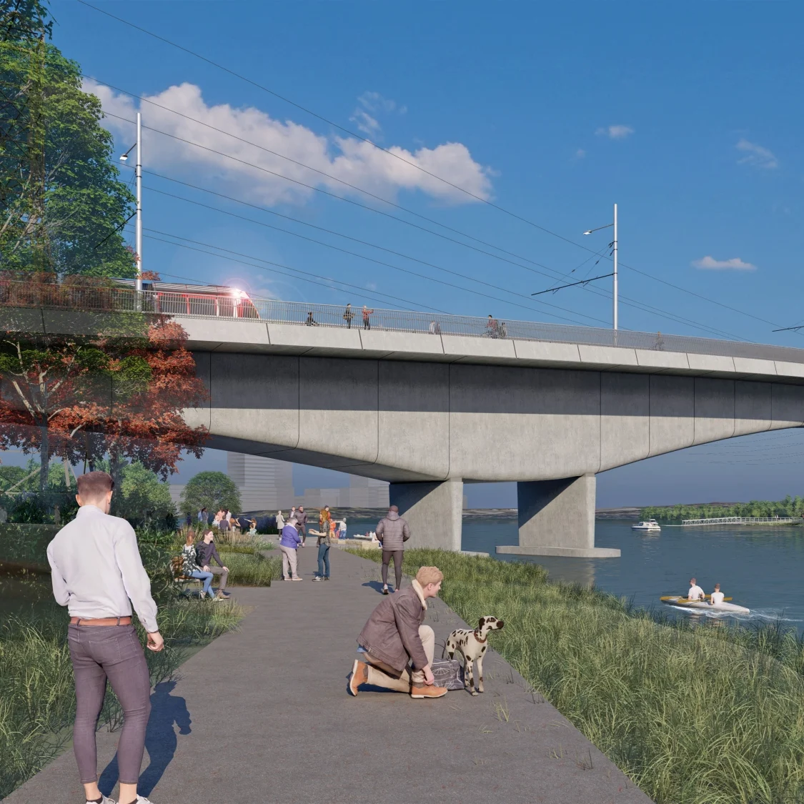 Architectural rendering of a sweeping concrete bridge over a calm river, with a train crossing, people walking a green riverside path, and clear blue skies.