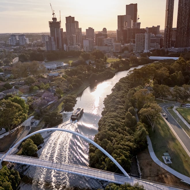 Aerial view of Alfred Street Bridge looking forwards Parramatta CBD